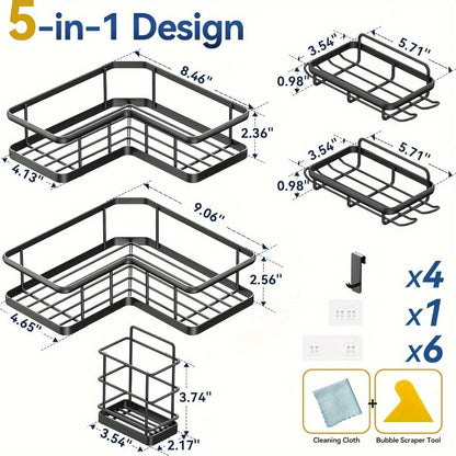 Five-Piece Corner Shower Caddy Set with Soap Holder and Four Removable Hooks in Seven Colors