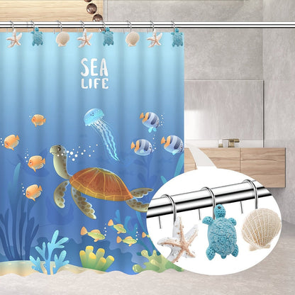 12-Piece Marine Shower Curtain Hook Set with Blue Turtle, Starfish and Seashell Decorations