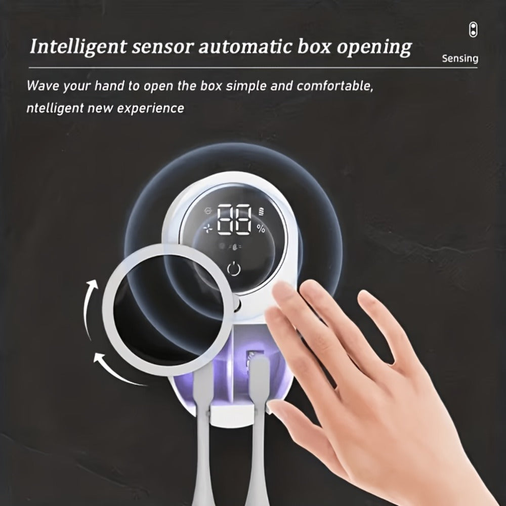 Enclosed Two-Slot Wall-Mounted Toothbrush Holder with Sensor Door, Display and USB Charging Cable
