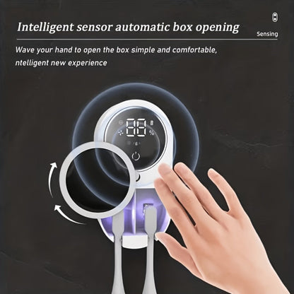 Enclosed Two-Slot Wall-Mounted Toothbrush Holder with Sensor Door, Display and USB Charging Cable