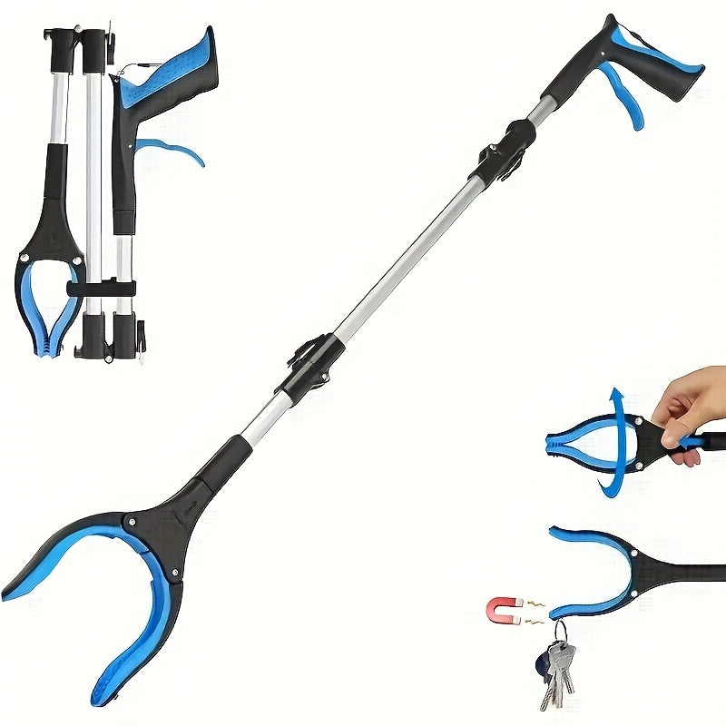 Foldable Reacher Grabber Tool with Magnetic Tip, 34-Inch Extended Reach and Blue Trigger Handle