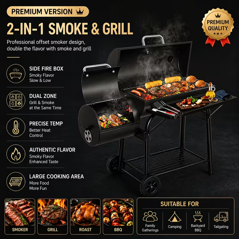 Charcoal Grill with Offset Smoker, Barrel BBQ Smoker Grill Combo for Backyard & Patio, Heavy-Duty Outdoor Charcoal Smoker with Side Firebox for Smoking, Grilling & BBQ Parties