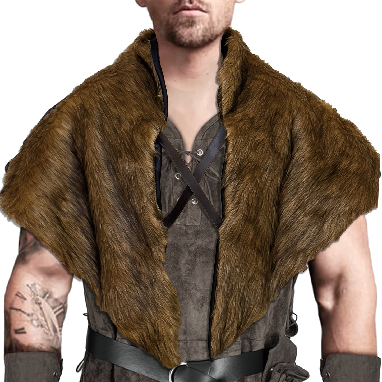 Brown Faux-Fur Costume Shoulder Mantle with Crossed Chest Straps and Pictured 35.4-Inch Width