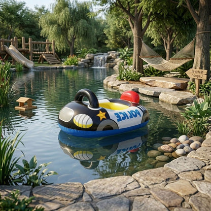 Car-Shaped Inflatable Pool Float with Black Printed Body, Center Opening and Steering-Wheel Detail