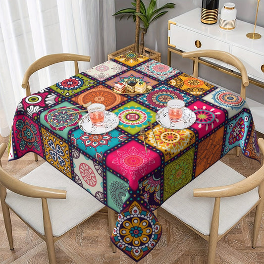 Tablecloth with Colorful Patchwork Mandala Print in Round, Square and Rectangle Size Options