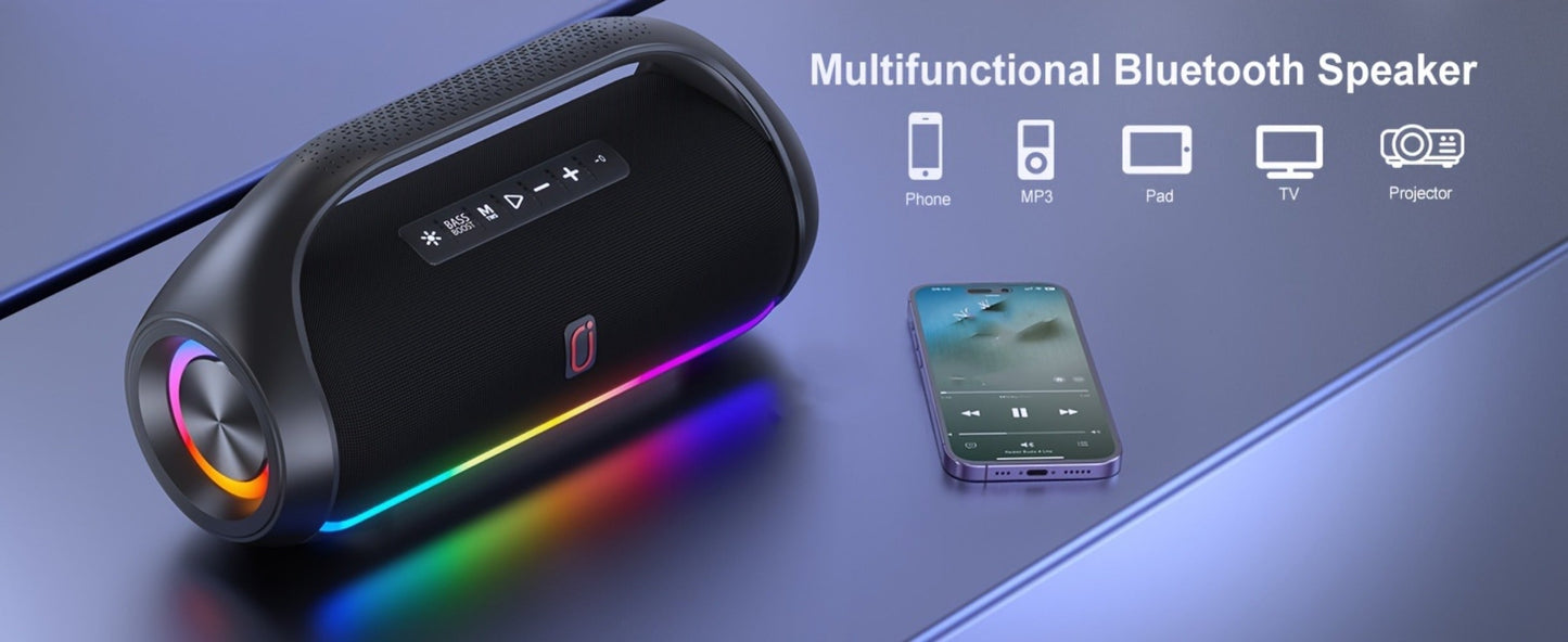 JYX D20 Portable Bluetooth Boombox Speaker with 3D Surround Sound, RGB Disco Lights, Deep Bass Boost, TWS Stereo, 8-10H Playtime, MicroSD USB AUX for Outdoor Party, Camping & Indoor Use