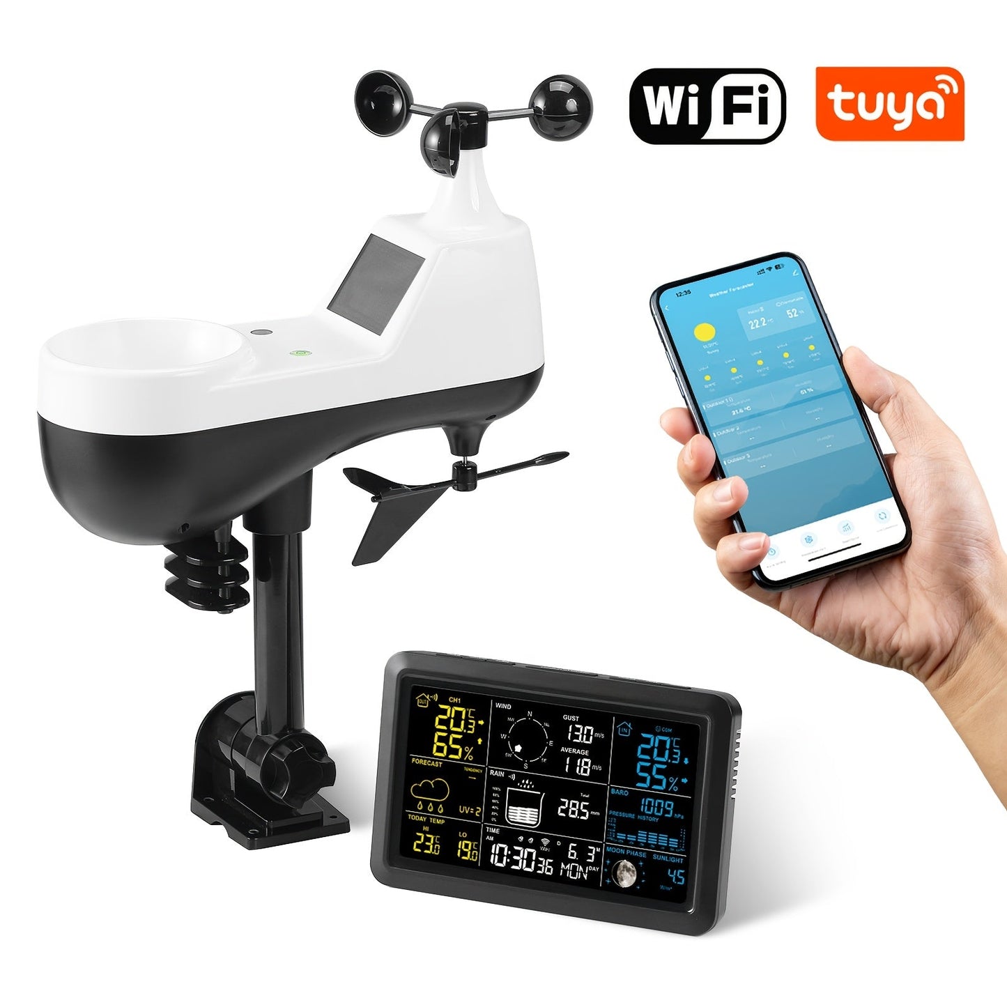 7-in-1 WiFi Weather Station with 7.5-Inch Color Display, Rain Collector, Wind Sensors and Tuya App