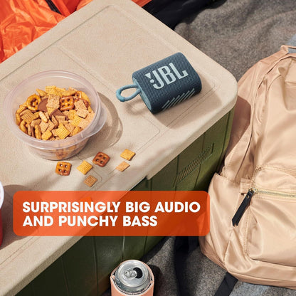 JBL Go 3 IP67 Waterproof Portable Bluetooth Speaker, Big Audio & Punchy Bass, 5-Hour Playtime, USB-C Fast Charge, Rugged Fabric Design with Carry Loop for Outdoor Travel Beach Shower