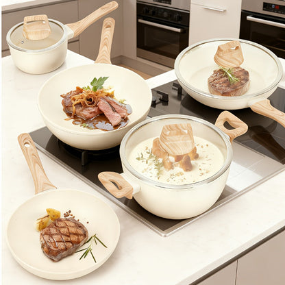Black or White Nonstick Cookware Set with Frying Pans, Lidded Pots and Wood-Look Handles for Home Kitchens