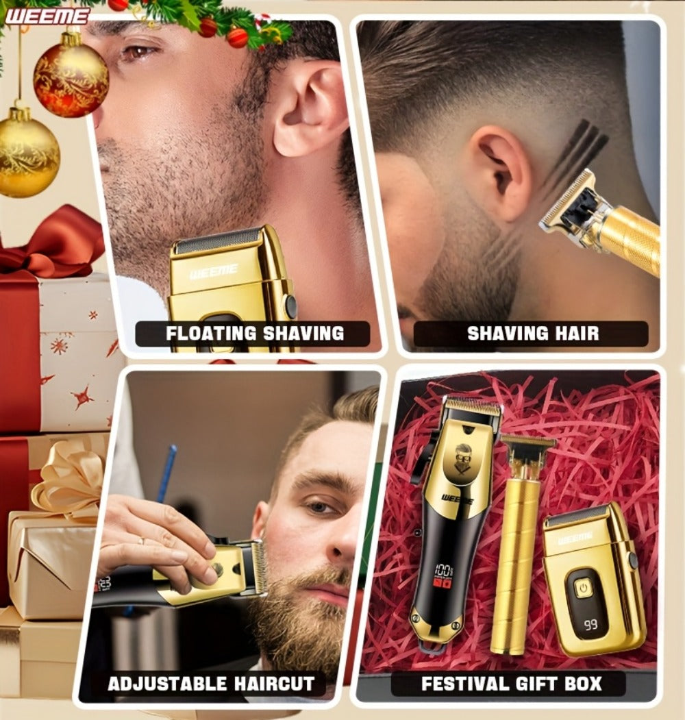 Professional Hair Clipper Set for Men – 3pcs Golden Cordless Kit with Beard Trimmer & T-Blade Trimmer, Hair Cutting & Styling Tools, Ideal Birthday & Father’s Day Gift for Men