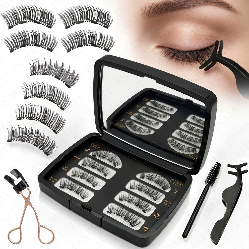 Eight-Piece Black Magnetic False Eyelash Kit with Rectangular Case, Applicator, Tweezers and Brush