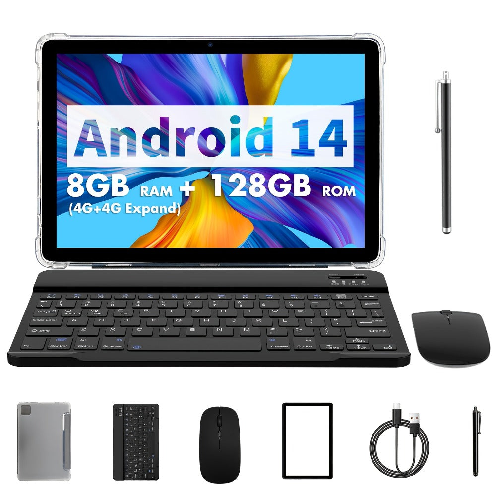 Android Tablet 10.1-Inch PRITOM with Android 14, 8GB Total RAM, 128GB Internal Storage and Keyboard Kit