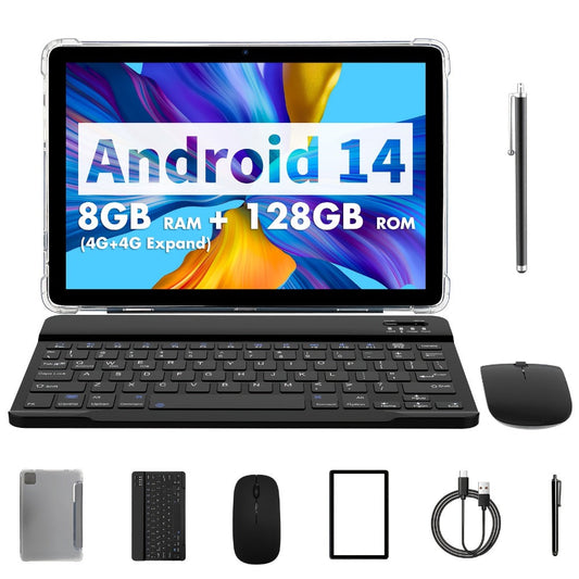 Android Tablet 10.1-Inch PRITOM with Android 14, 8GB Total RAM, 128GB Internal Storage and Keyboard Kit