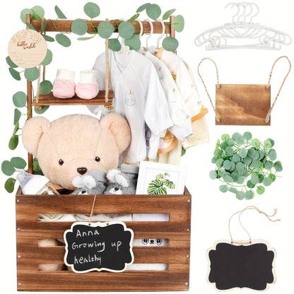 Large Wooden Gift Crate with Side Handles, Hanging Chalkboard Sign, Garlands and Baby Shower Accessories