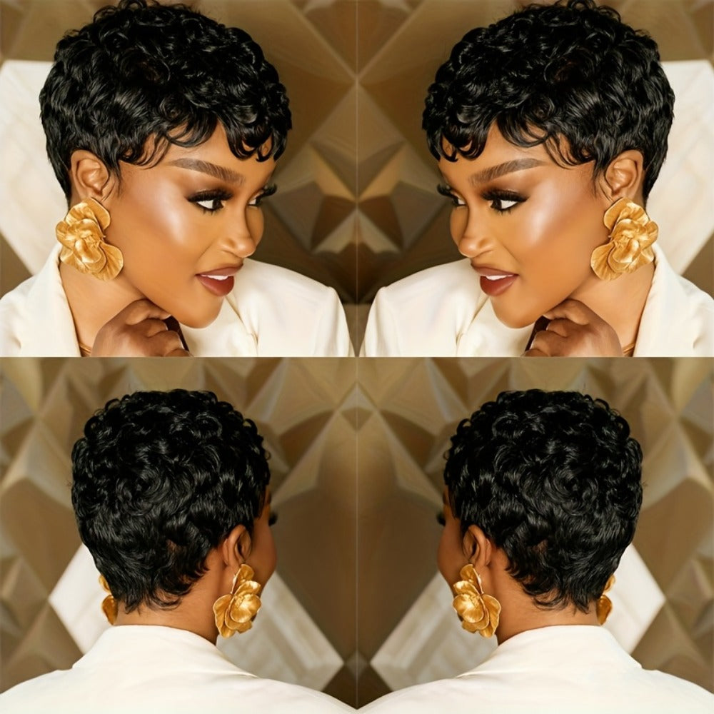 Glueless Human Hair Wig Short Curly Pixie Cut with Bangs – 180% Density Brazilian Remy Natural Black, Layered Loose Curly Bob Machine Made Cap for Women, Lightweight Comfortable Daily Wear, 6 Inch