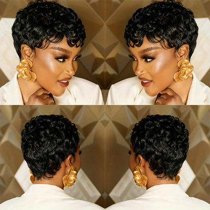 Glueless Human Hair Wig Short Curly Pixie Cut with Bangs – 180% Density Brazilian Remy Natural Black, Layered Loose Curly Bob Machine Made Cap for Women, Lightweight Comfortable Daily Wear, 6 Inch