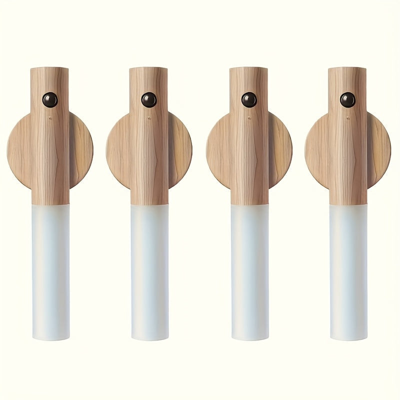 Motion Night Light Rechargeable LED – IPX4 Waterproof Wood Grain & Walnut Under Cabinet Step Lamp for Staircase, Hallway, Wardrobe, Closet & Indoor Walls (2 or 4 Pack)