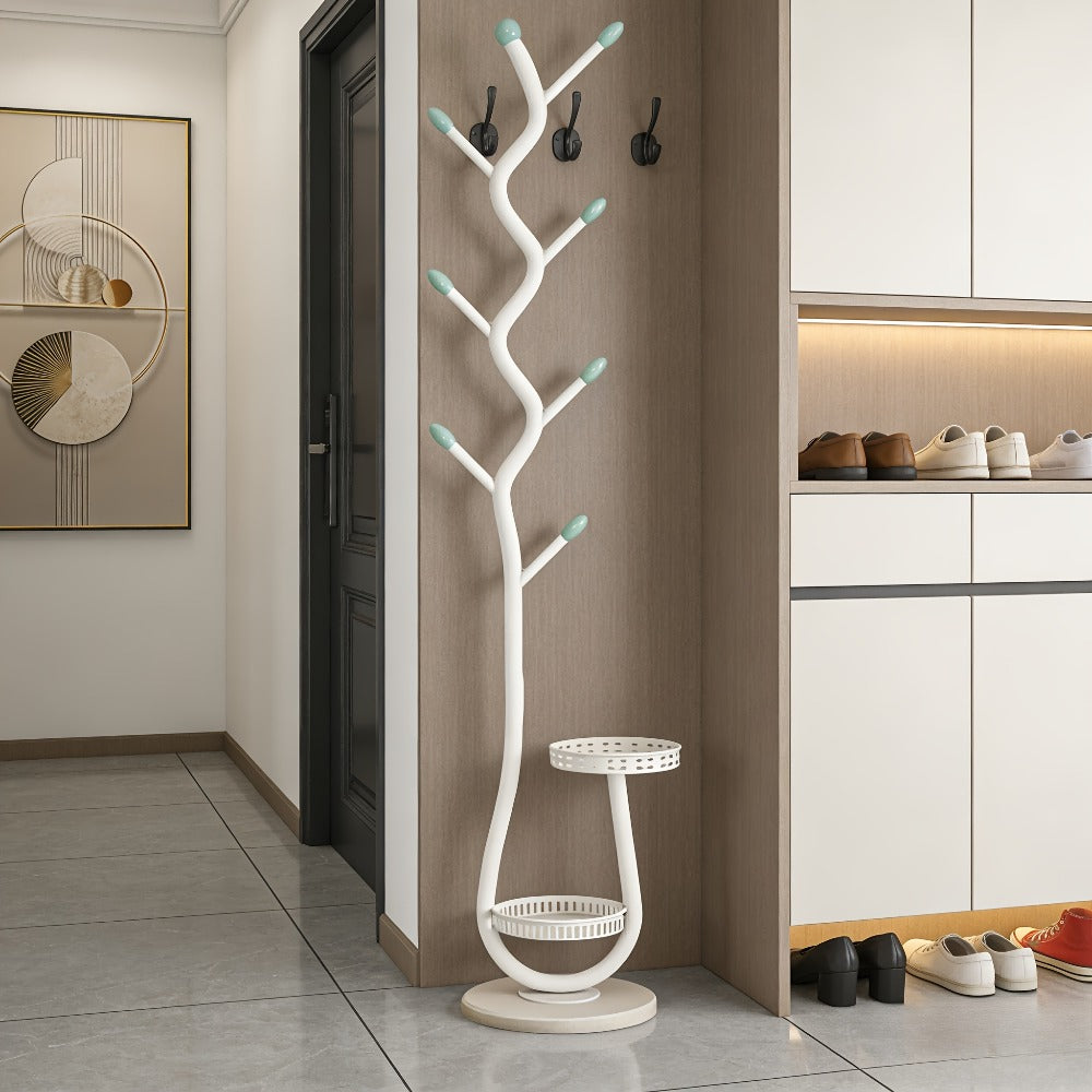 Freestanding Coat Tree with Branching Hooks, Circular Lower Shelf and White, Black or Golden Finish