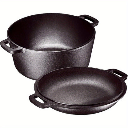 5QT Pre-Seasoned-Labeled Cast Iron Dutch Oven with Reversible 2QT Skillet Lid and Dual Loop Handles