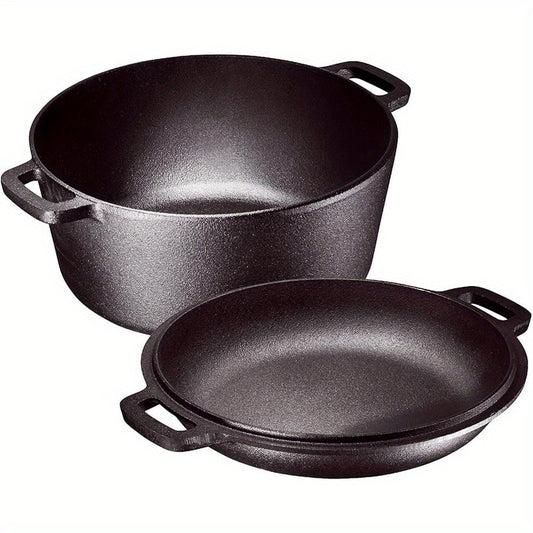 Cast Iron Dutch Oven 5 Quart Pre-Seasoned with Skillet Lid | 2-in-1 Non-Stick Crock Pot with Handles for Braising, Roasting & Casserole – All-in-One Cookware, Black