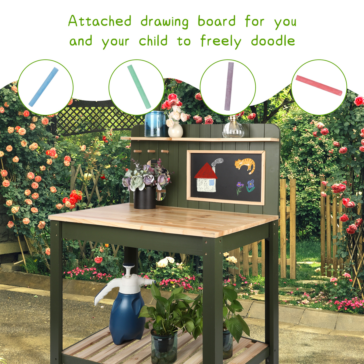 Potting Bench Table Cedar Wood Garden Workstation with Blackboard Removable Sink Hooks Double Shelf for Patio Balcony Courtyard Outdoor Planting Work Bench
