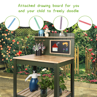 Potting Bench Table Cedar Wood Garden Workstation with Blackboard Removable Sink Hooks Double Shelf for Patio Balcony Courtyard Outdoor Planting Work Bench