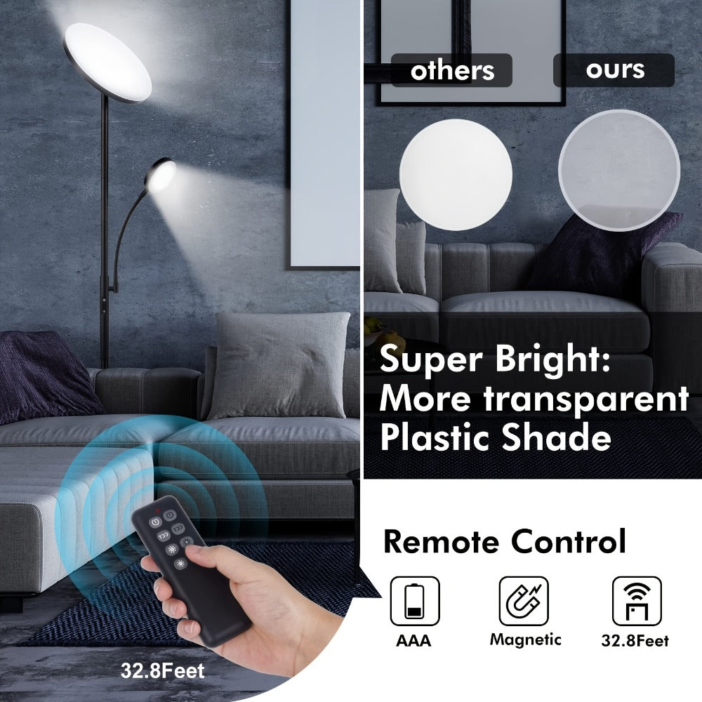 Dual-Head Torchiere Floor Lamp with 27W Main Light, 7W Reading Arm, Four Color Temperature Modes and Remote or Touch Control