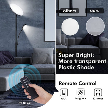 Dual-Head Torchiere Floor Lamp with 27W Main Light, 7W Reading Arm, Four Color Temperature Modes and Remote or Touch Control