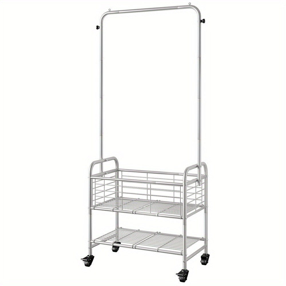 Rolling Laundry Basket Cart with 70.25-Inch Hanging Rail, Two Shelves, Four Casters and White, Black or Silver Frames