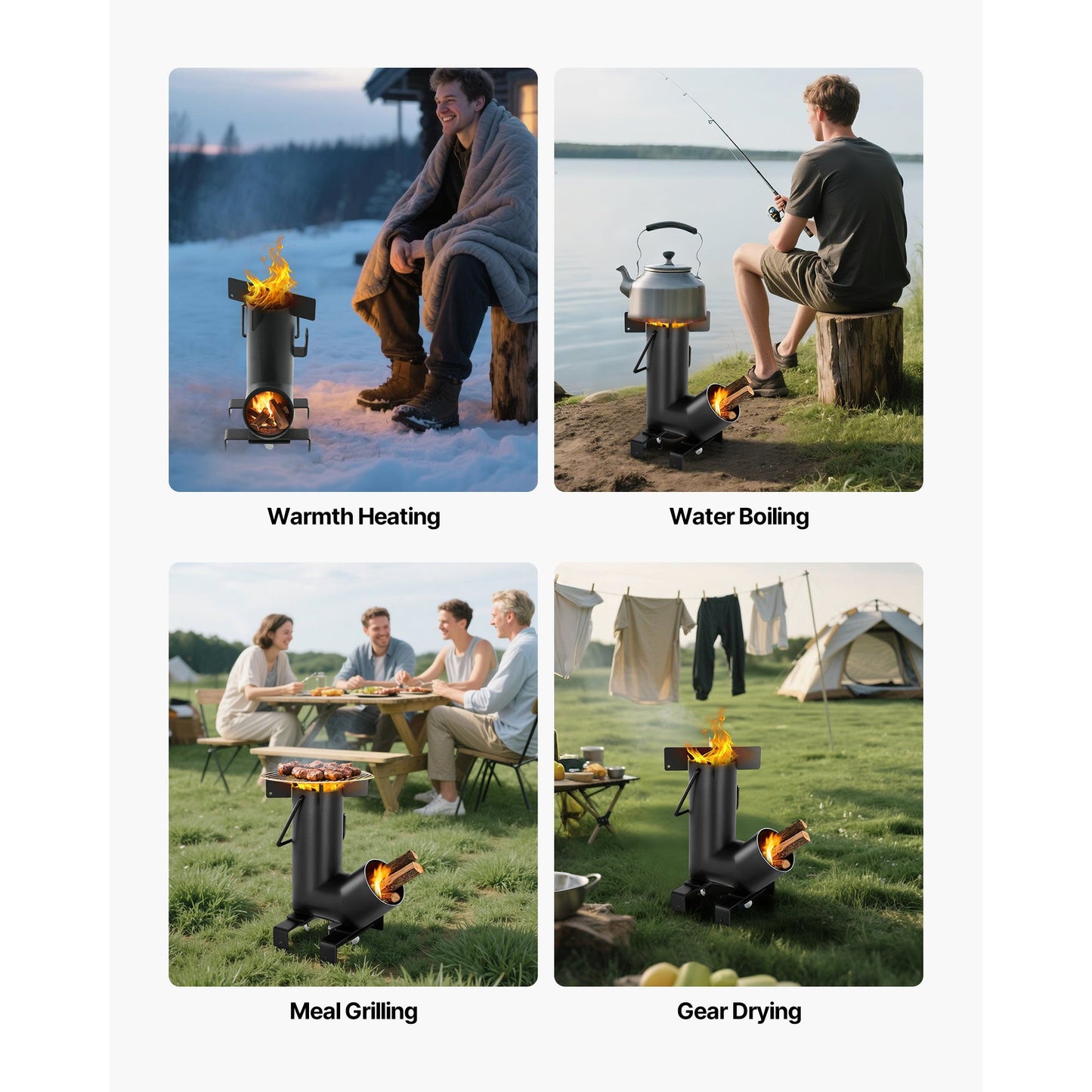 Black Wood-Burning Rocket Camping Stove with Cast-Iron Cooktop, Storage Bag and 12.96-Pound Weight