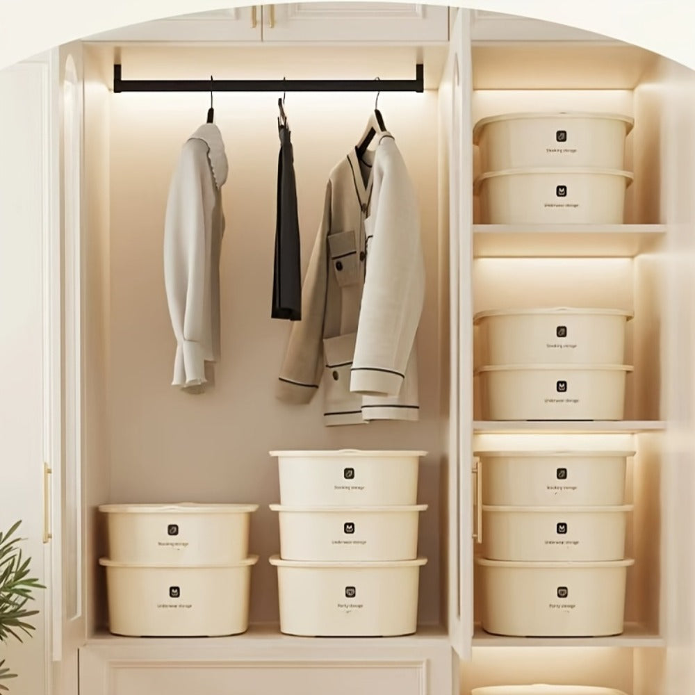 Three-Piece Beige Drawer Organizer Bin Set with Lidded Dividers for Underwear, Socks and Small Accessories