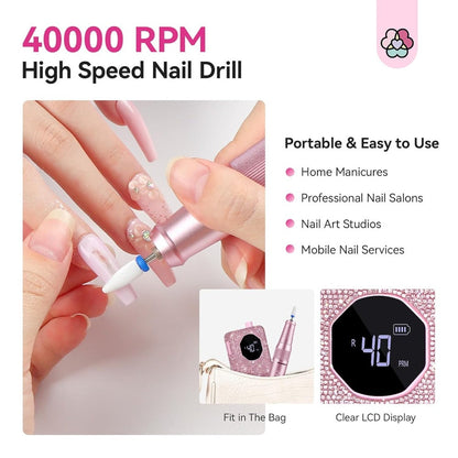 40,000 RPM Rechargeable Nail Drill in Bright Pink with 4000 mAh Battery, LCD Display and Tool Set