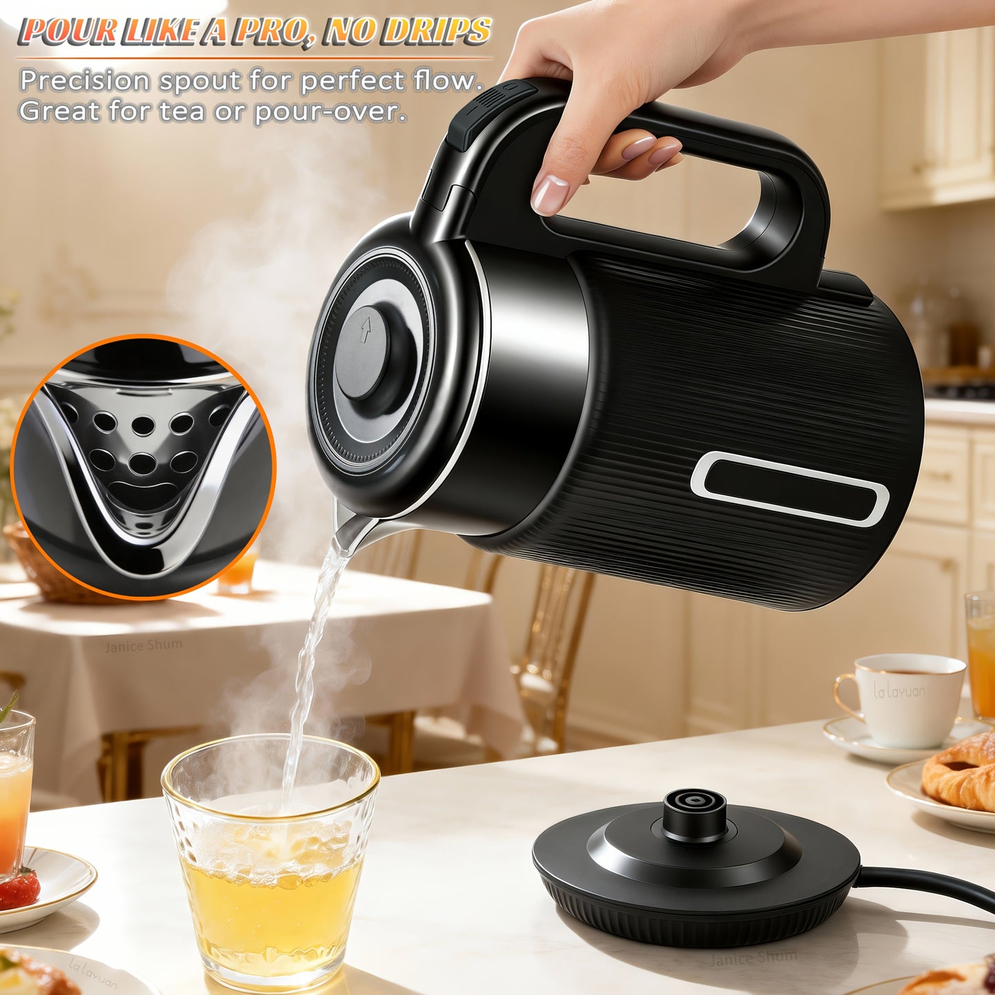 Electric Kettle 1.7L 1000W Double-Wall Stainless Steel with LED Indicator and 360-Degree Base
