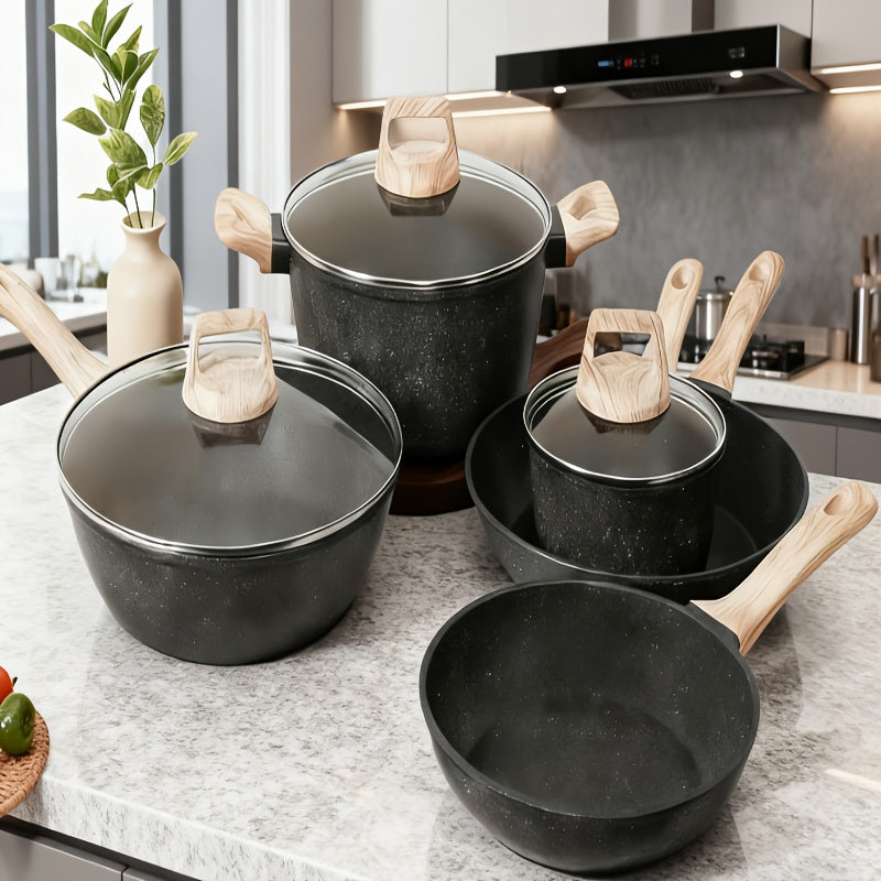Black or White Nonstick Cookware Set with Frying Pans, Lidded Pots and Wood-Look Handles for Home Kitchens