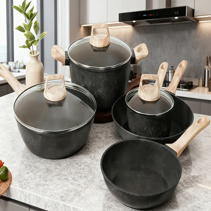 Black or White Nonstick Cookware Set with Frying Pans, Lidded Pots and Wood-Look Handles for Home Kitchens