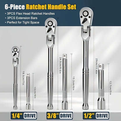 Ratchet Wrench Set 3-Piece & 6-Piece | 72-Tooth 1/4" 3/8" 1/2" Drive Flexible Head Quick Release Ratchet Handle with EVA Sponge Tool Kit – 180° Adjustable Bendable Ratchet