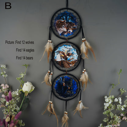 Dream Catcher Wall Decor Wolf Design Boho Bedroom Hanging Decoration – 6 Inch 3-Circle Feather Dream Catcher for Boys Kids Room, Nursery, Halloween, Christmas & Holiday Gift