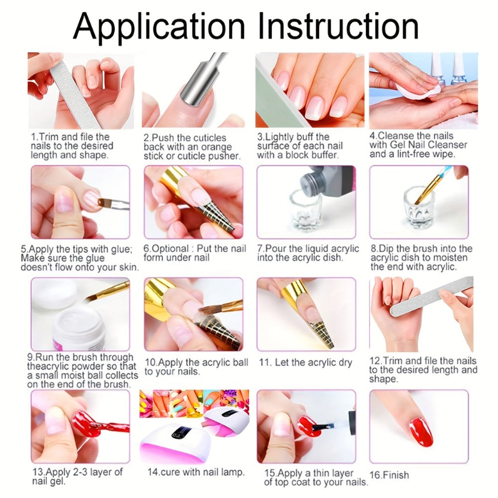 Acrylic Nail Powder Kit 12 Colors Glitter – Complete Beginner Nail Extension Tool Set with Nail Plate, Press Bottle & Extension Paper Holder for Salon & DIY Home Nail Art
