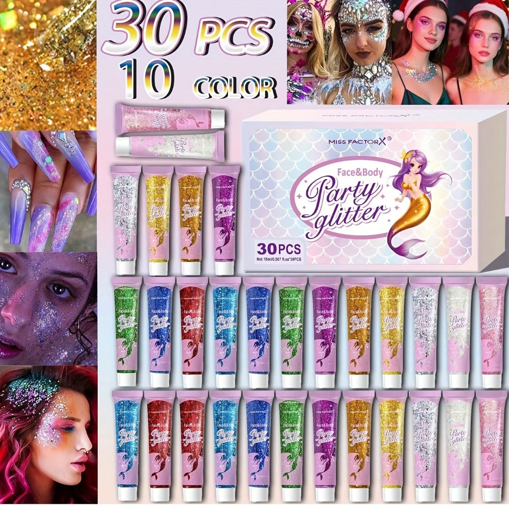30-Piece Face and Body Glitter Gel Set with Mermaid Shapes, Stars and Hearts for Festival Makeup