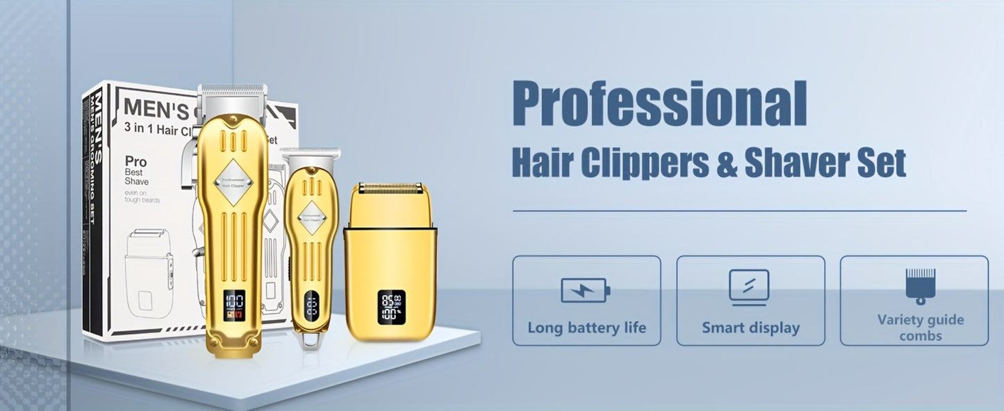 Hair Clippers & Trimmers Three-Piece Set with Full-Size Clipper, T-Blade Detailer, Foil Shaver and LCD Displays
