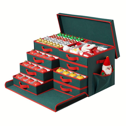 Christmas Ornament Storage Box with 128 Compartments, Eight Removable Trays and Red or Green Color Options