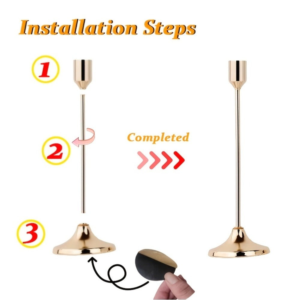 Candle Holder Set 12-Piece Metal Taper Stands in Three Heights with Gold, Silver or Black Finish Options