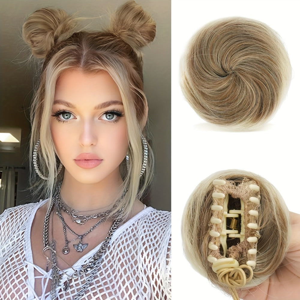 Mini Donut Bun Hairpiece with Cat Ears Claw Clip Messy Bun Synthetic Fiber Instant Updo – 2 Pcs Set for Women Girls All Hair Types Natural Black Brown Blonde 4 Inch