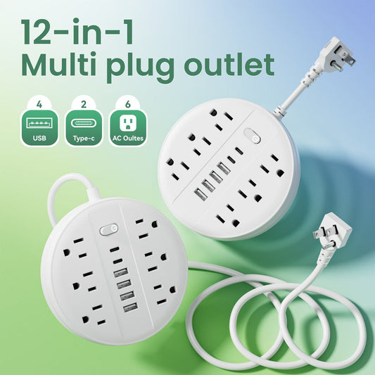 Power Strip 12-in-1 Wall-Mount Surge Protector with 6 AC Outlets, 4 USB-A, 2 USB-C and Three Cord Lengths
