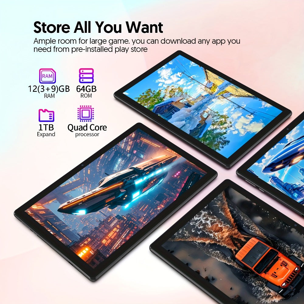 Android 15 Tablet 10 Inch 2-in-1 with Keyboard Case & Stylus 12GB RAM 64GB ROM 1TB Expandable 6000mAh Battery WiFi 6 4-Core 8MP Dual Camera FHD IPS Display Tablet PC