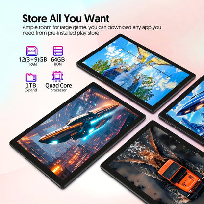 Android 15 Tablet 10 Inch 2-in-1 with Keyboard Case & Stylus 12GB RAM 64GB ROM 1TB Expandable 6000mAh Battery WiFi 6 4-Core 8MP Dual Camera FHD IPS Display Tablet PC