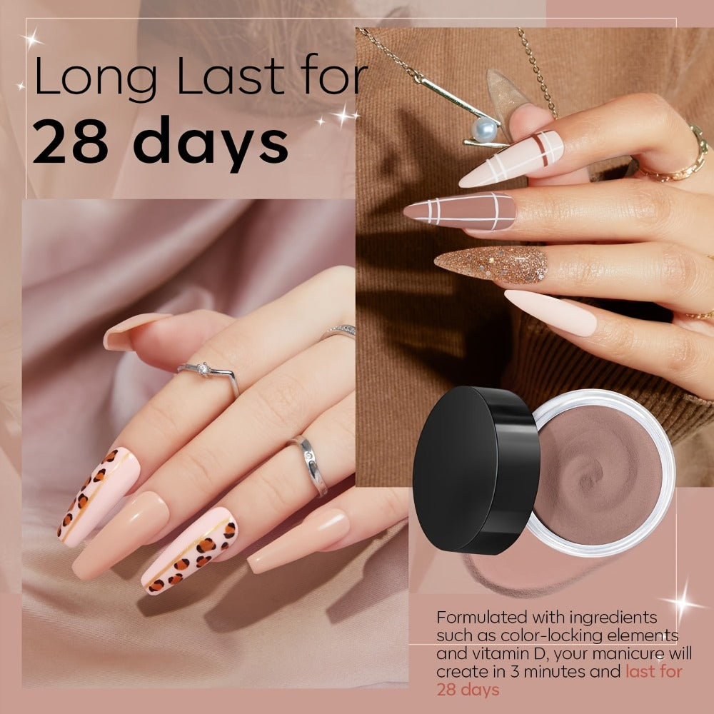 Dip Powder Nail Kit with YANYILIKE Label, Four Nude Gold Glitter Powders, Three 10ml Liquids and Four Tools