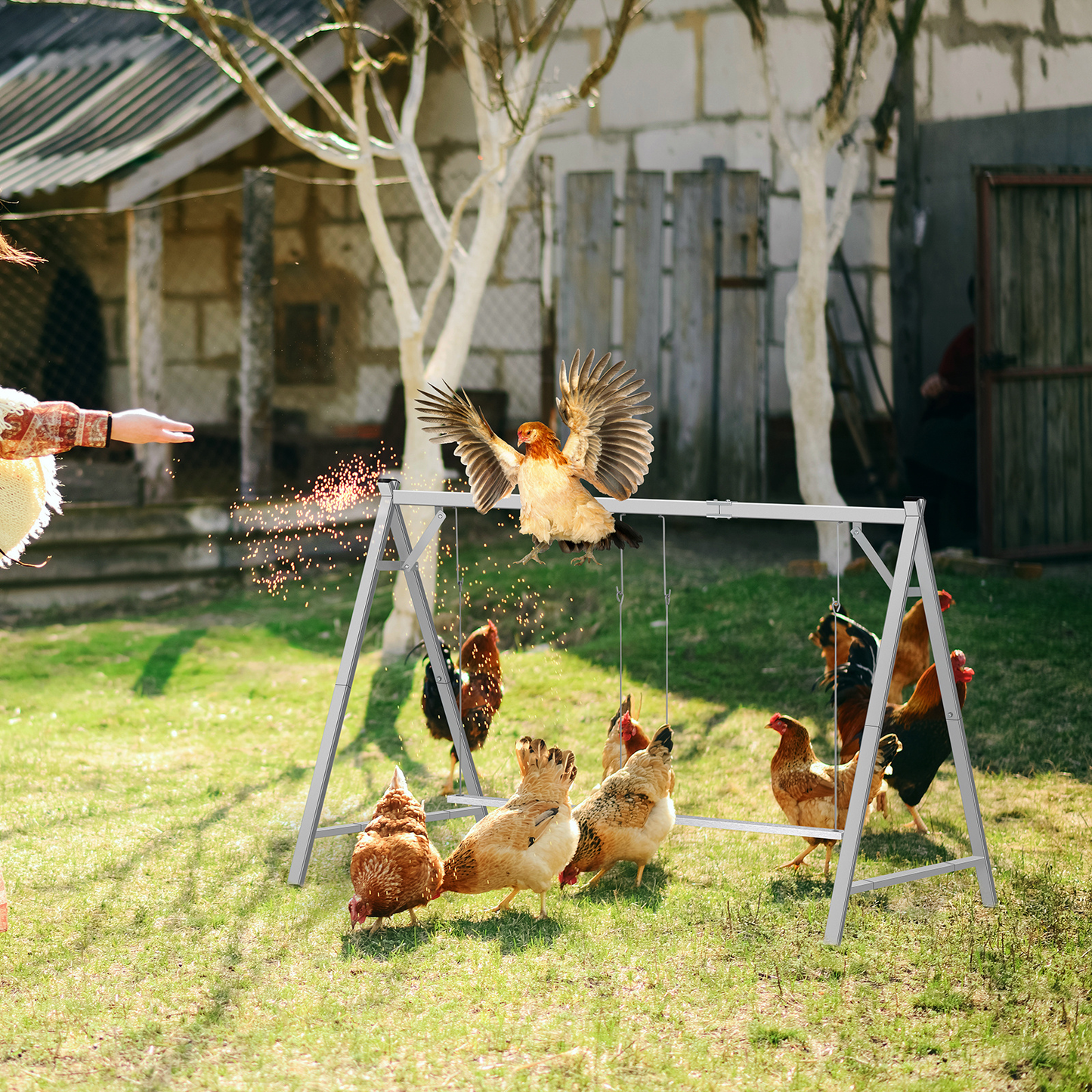 Chicken Swing Coop Toy Metal Perch for Backyard Hens Roosters Parrots Rabbits Promotes Exercise Balance Coordination Weather-Resistant Easy to Install Coop Accessory