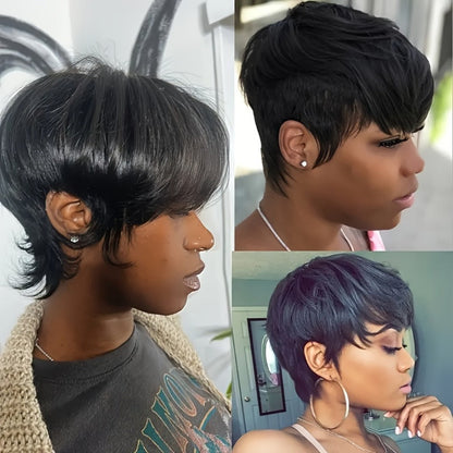 Human Hair Pixie Cut Wig with Bangs Glueless 180% Density Straight Black 6 Inch Rose Net Cap Machine Made Wig for African American Women