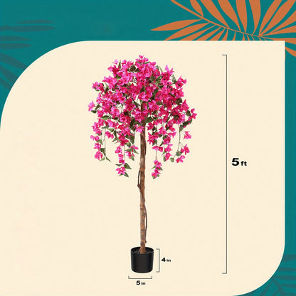 Faux Potted Bougainvillea Tree 5ft Artificial Indoor Plant with Pink Flowers Wood Trunk for Living Room Office Entryway Home Decor Housewarming Gift